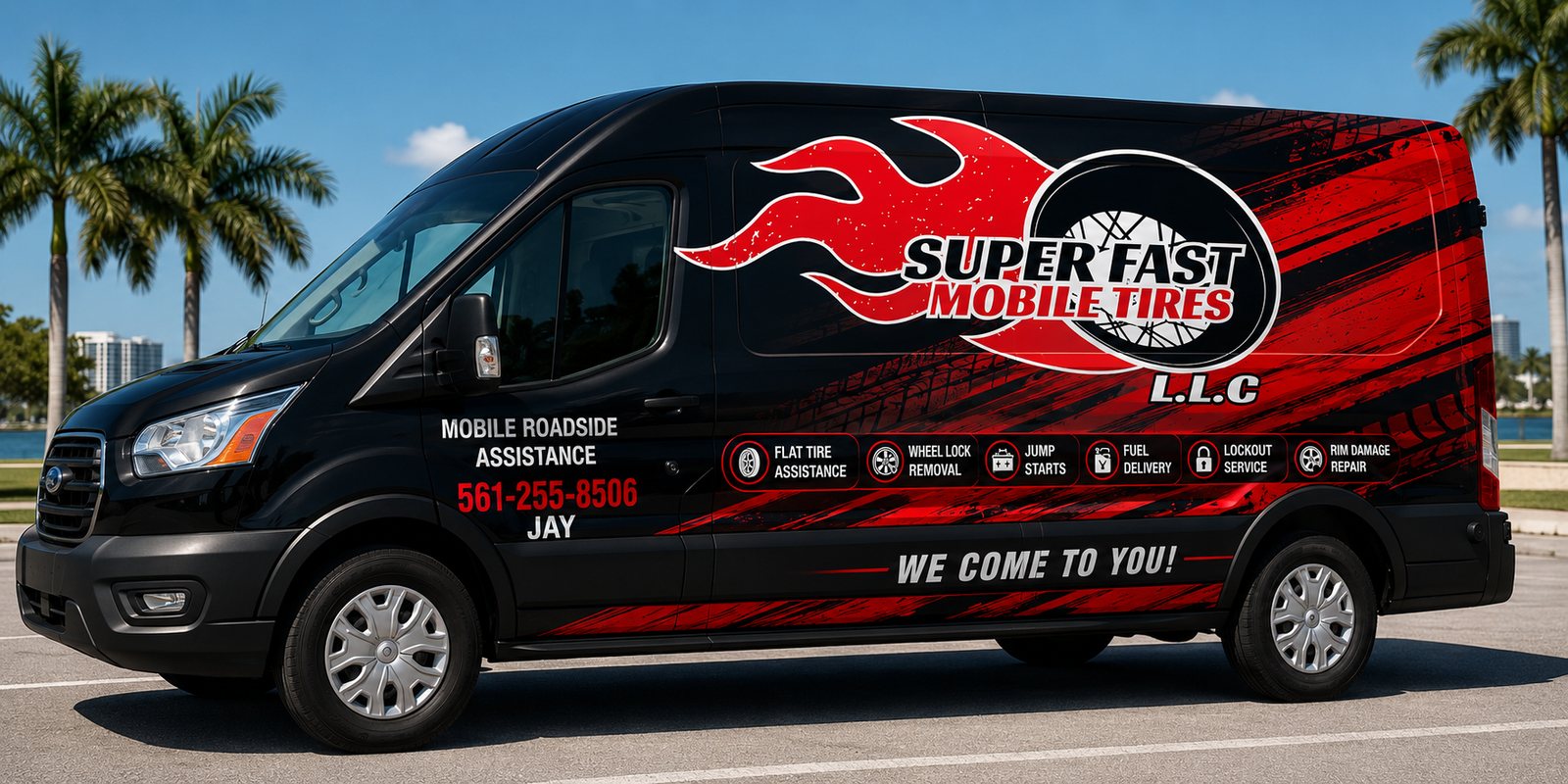 Super Fast Mobile Tires service van — mobile roadside assistance, Palm Beach County and nationwide